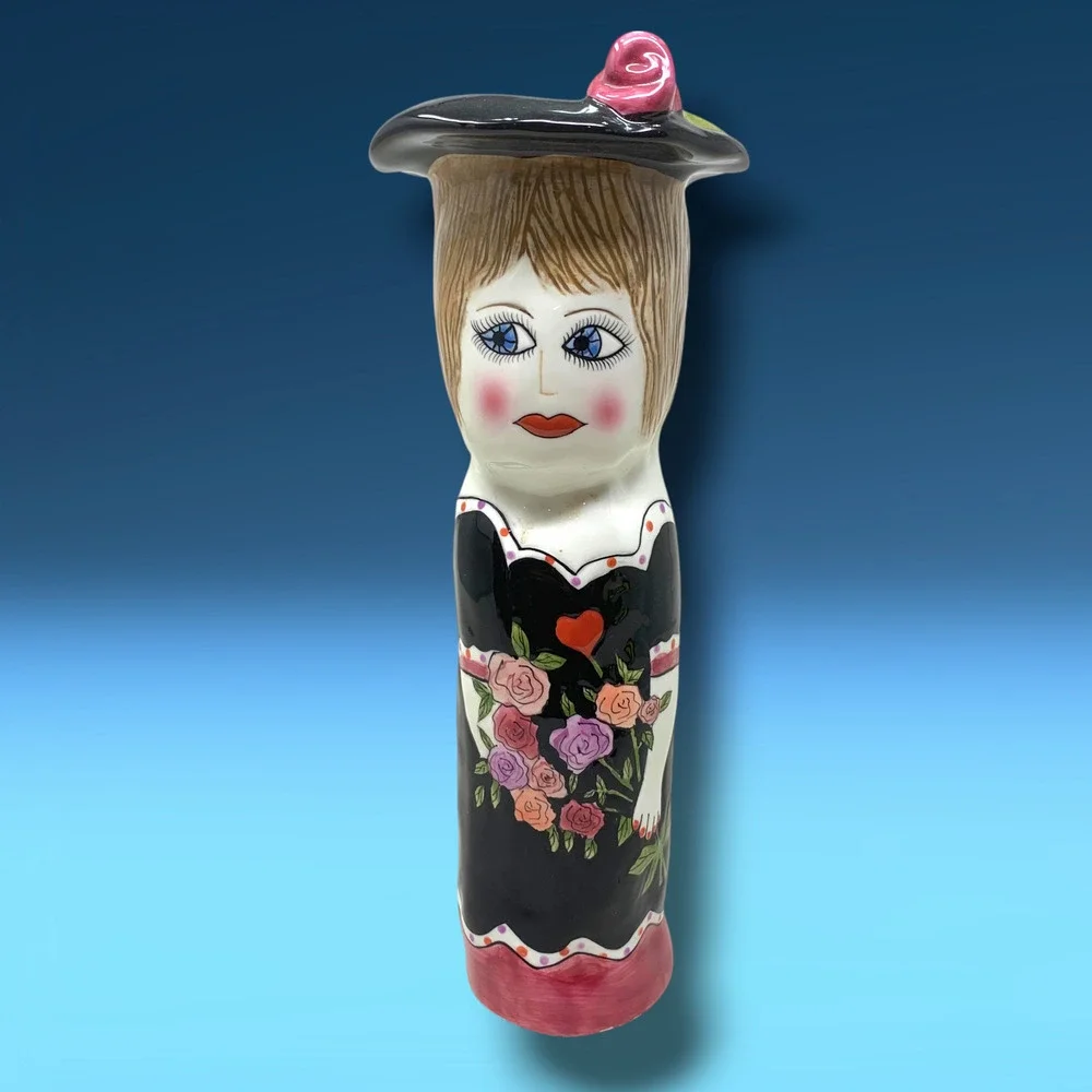 Vintage Susan Paley x Ganz Elizabeth Ceramic Vase Whimsical Hat Lady with Roses